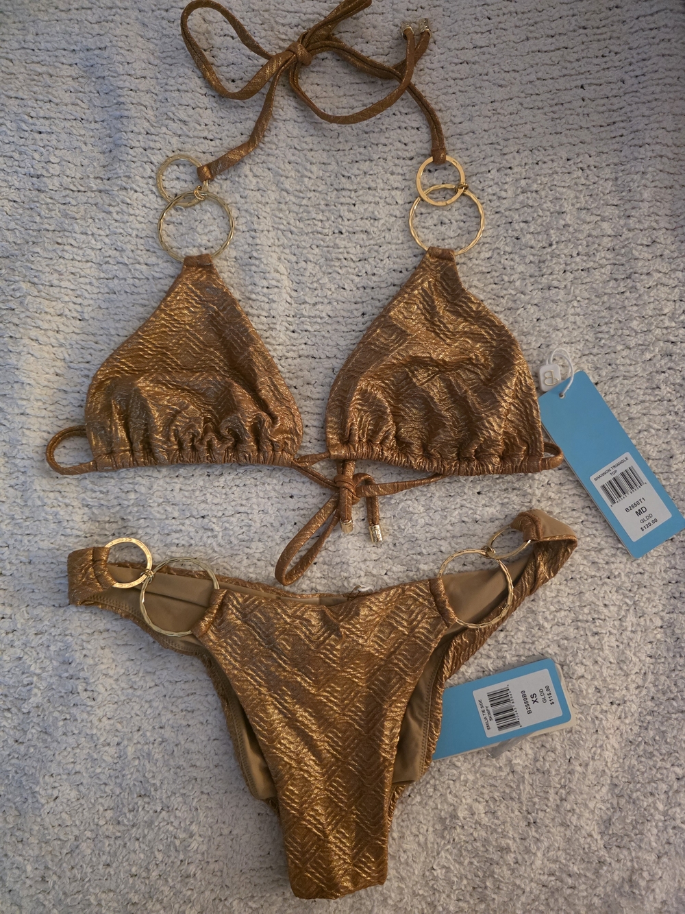 Gold Metallic Ring-Accent Triangle Bikini — Womens Swim